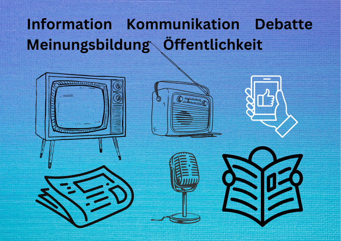 Fernseher, RAdio, Zetungen, Handy, Mikrophon, damit emüfängt man Information der ÖR Rundfunkanstalten und der Social Media